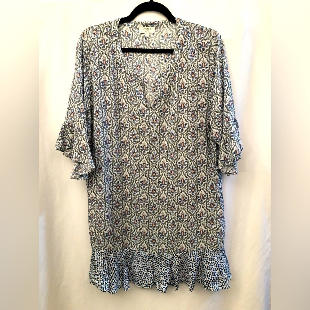 Umgee Tunic Dress White Blue Brown V-Neck 3/4 Bell Sleeve Style G0638 Medium